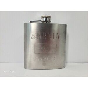 Vtg Sarnia Stainless Steel Hip Flask Engraved Canadian Flag Raised FU 8oz silver